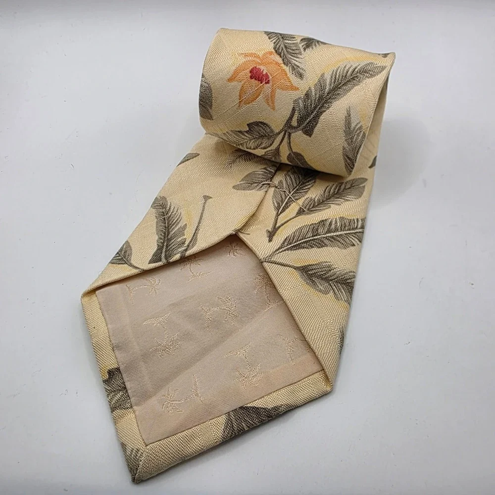 Tommy Bahama Mens Silk Tie Beige Tropical Palm Frond Hibiscus Floral Made in USA